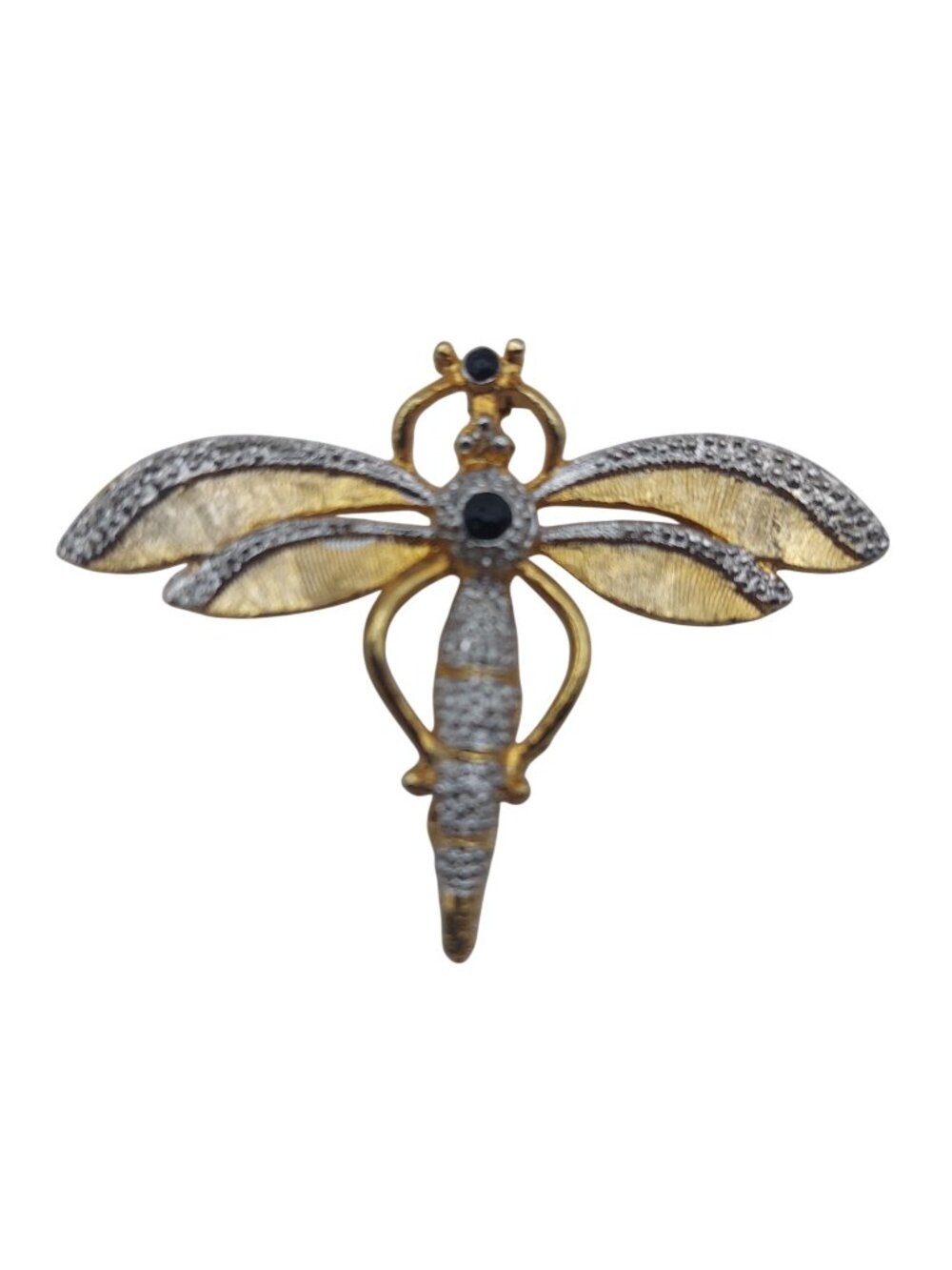 Dragonfly Brooch Pin Gold Tone Black & Silver Accents Bug Insect Art Vintage